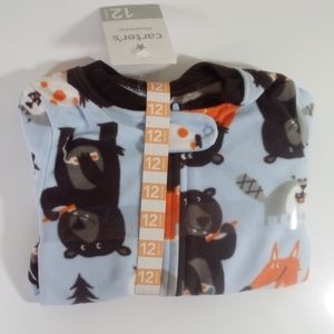 Carter's 12 Month Fleece Footed Nightie Sleep Zip Up Woods Bear Fox Animals